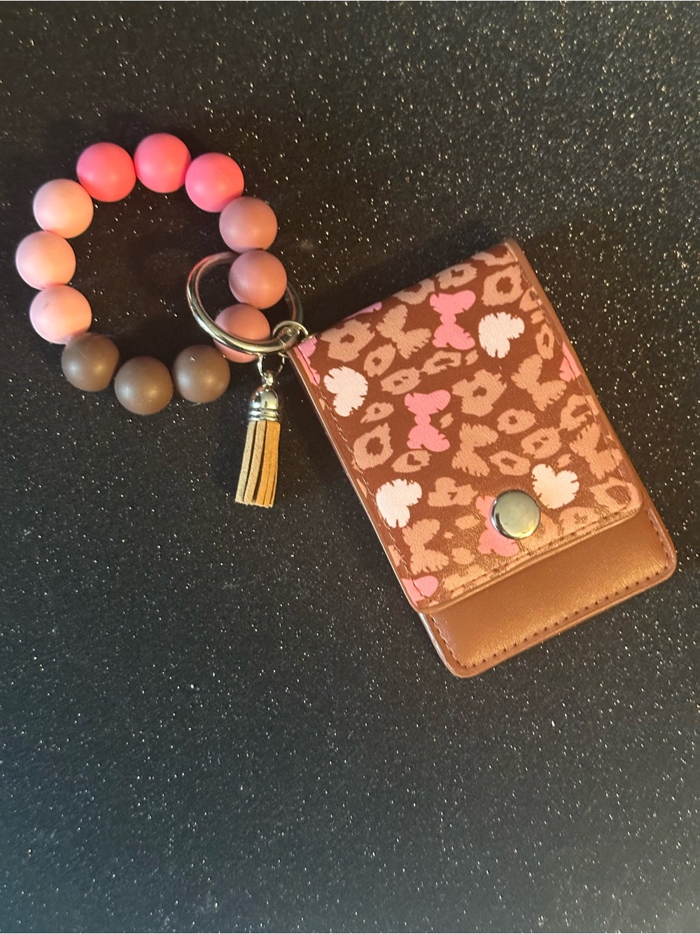 Handmade Beaded Keychain Wristlet with Leopard Print Card Holder - Pink & Brown